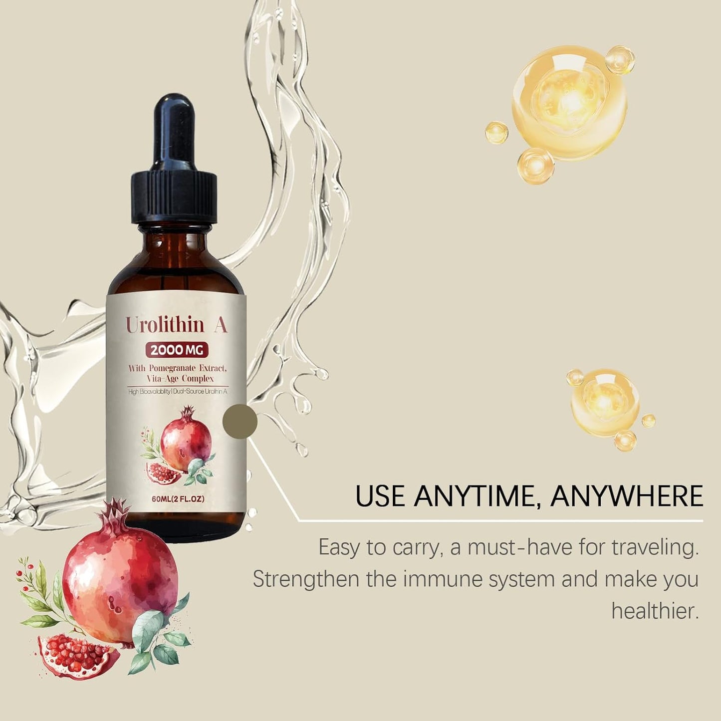 2000MG Urolithin A GLP-1 Liquid Drops for Colon Cleanser Support - Pomegranate Extract Supplement 60ML