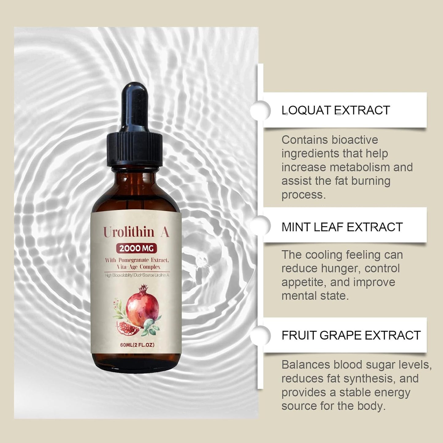 2000MG Urolithin A GLP-1 Liquid Drops for Colon Cleanser Support - Pomegranate Extract Supplement 60ML