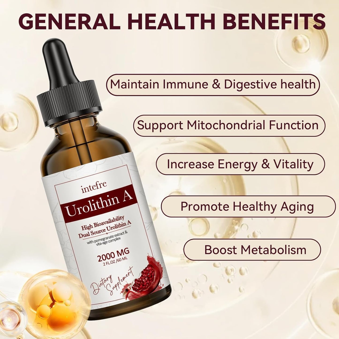 2000mg Urolithin A Liquid Drops with Pomegranate Extract for Healthy Aging & Cell Repair