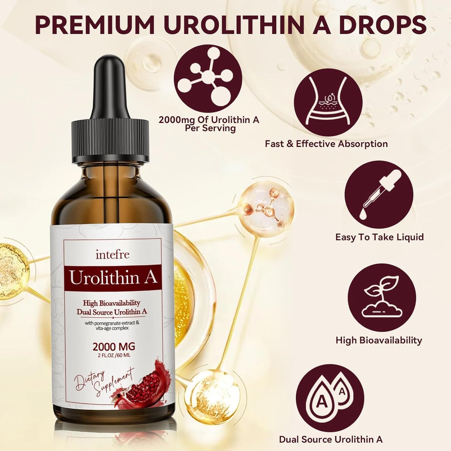 2000mg Urolithin A Liquid Drops with Pomegranate Extract for Healthy Aging & Cell Repair