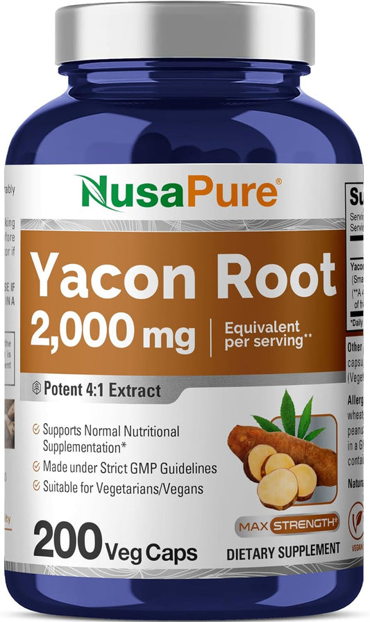 2000mg Yacon Root Extract Capsules - 200 Vegetarian Capsules (4:1 Extract, Non-GMO, Vegan) by NusaPure