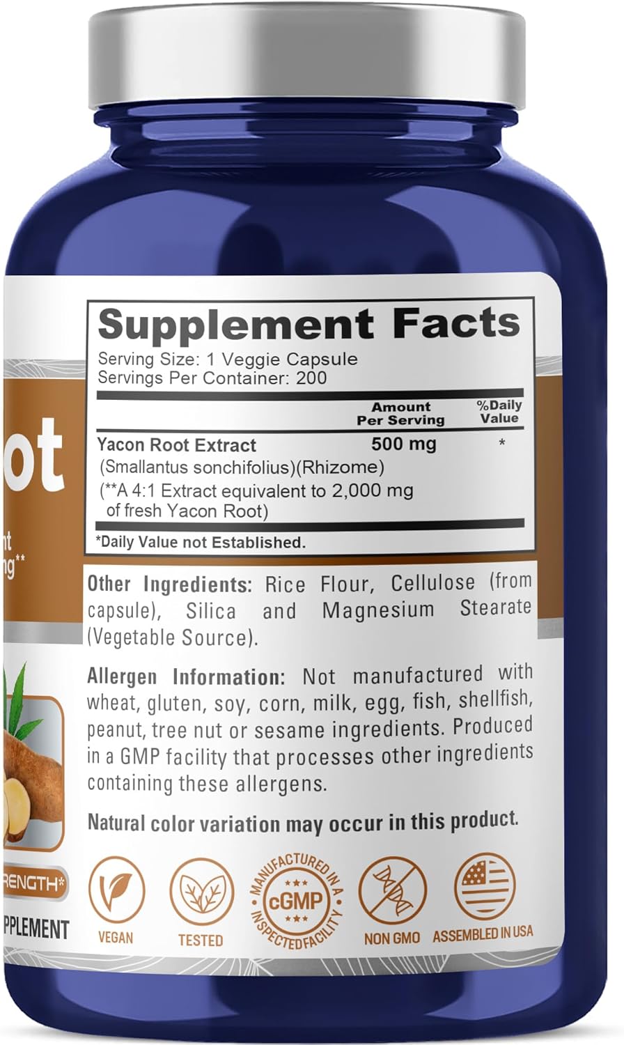 2000mg Yacon Root Extract Capsules - 200 Vegetarian Capsules (4:1 Extract, Non-GMO, Vegan) by NusaPure