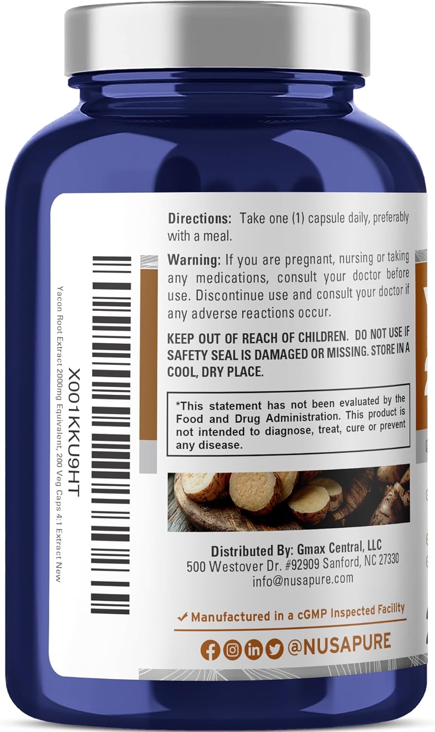 2000mg Yacon Root Extract Capsules - 200 Vegetarian Capsules (4:1 Extract, Non-GMO, Vegan) by NusaPure