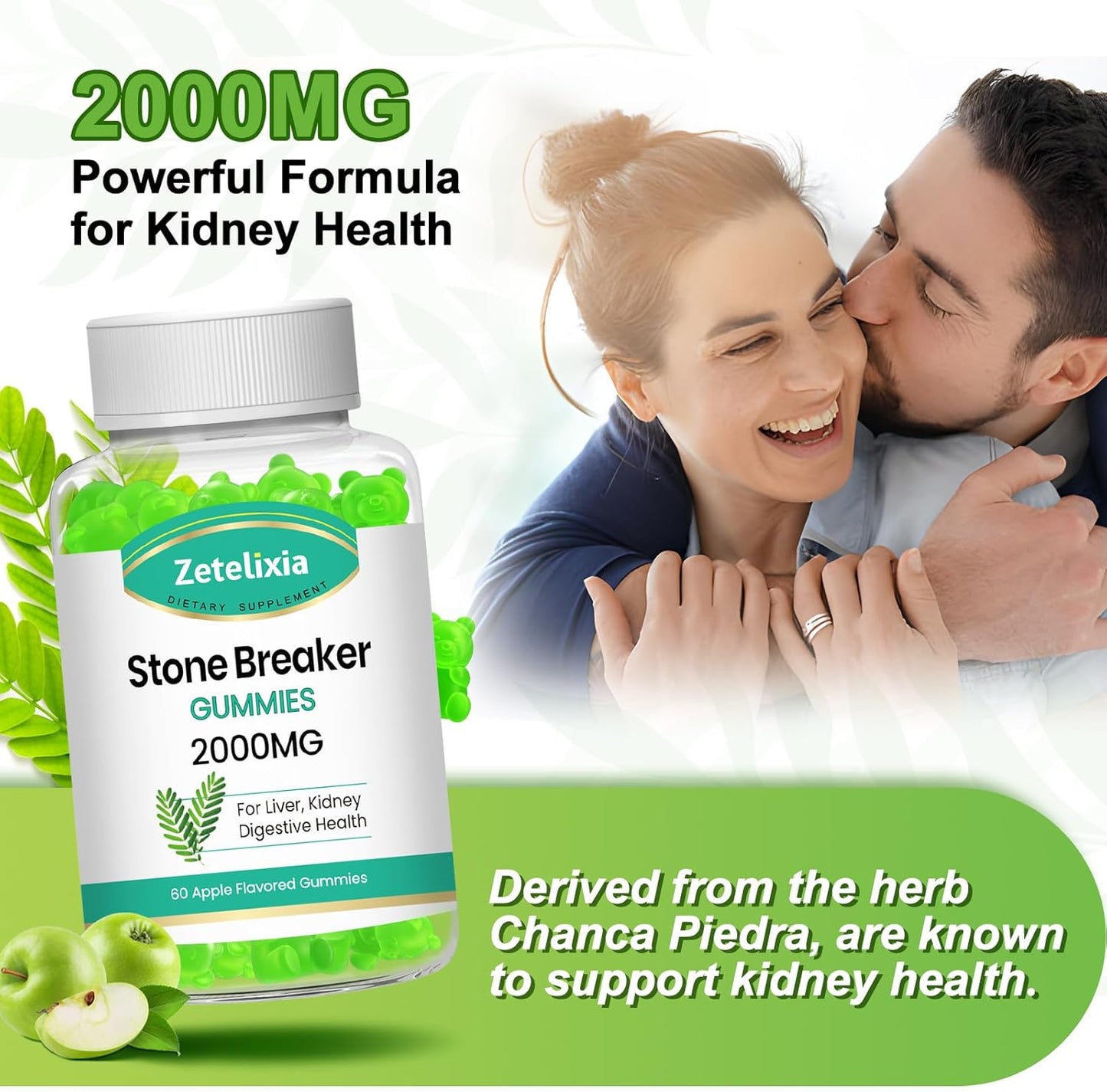 2000mg Zetelixia Chanca Piedra Stone Breaker Gummies - Herbal Supplement for Kidney Cleanse, Gallbladder Health - Dissolves Kidney Stones - Sugar Free, Vegan, Non-GMO - Apple Flavor, 60 Count