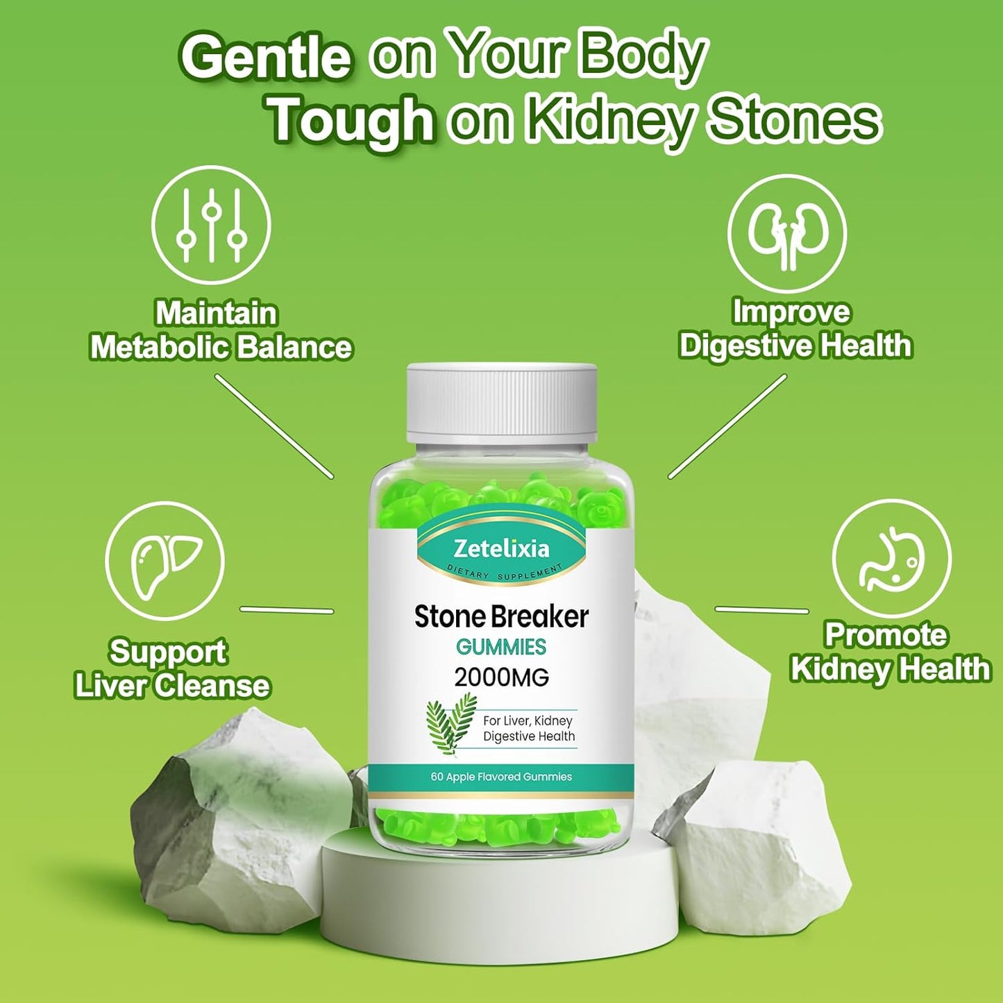 2000mg Zetelixia Chanca Piedra Stone Breaker Gummies - Herbal Supplement for Kidney Cleanse, Gallbladder Health - Dissolves Kidney Stones - Sugar Free, Vegan, Non-GMO - Apple Flavor, 60 Count