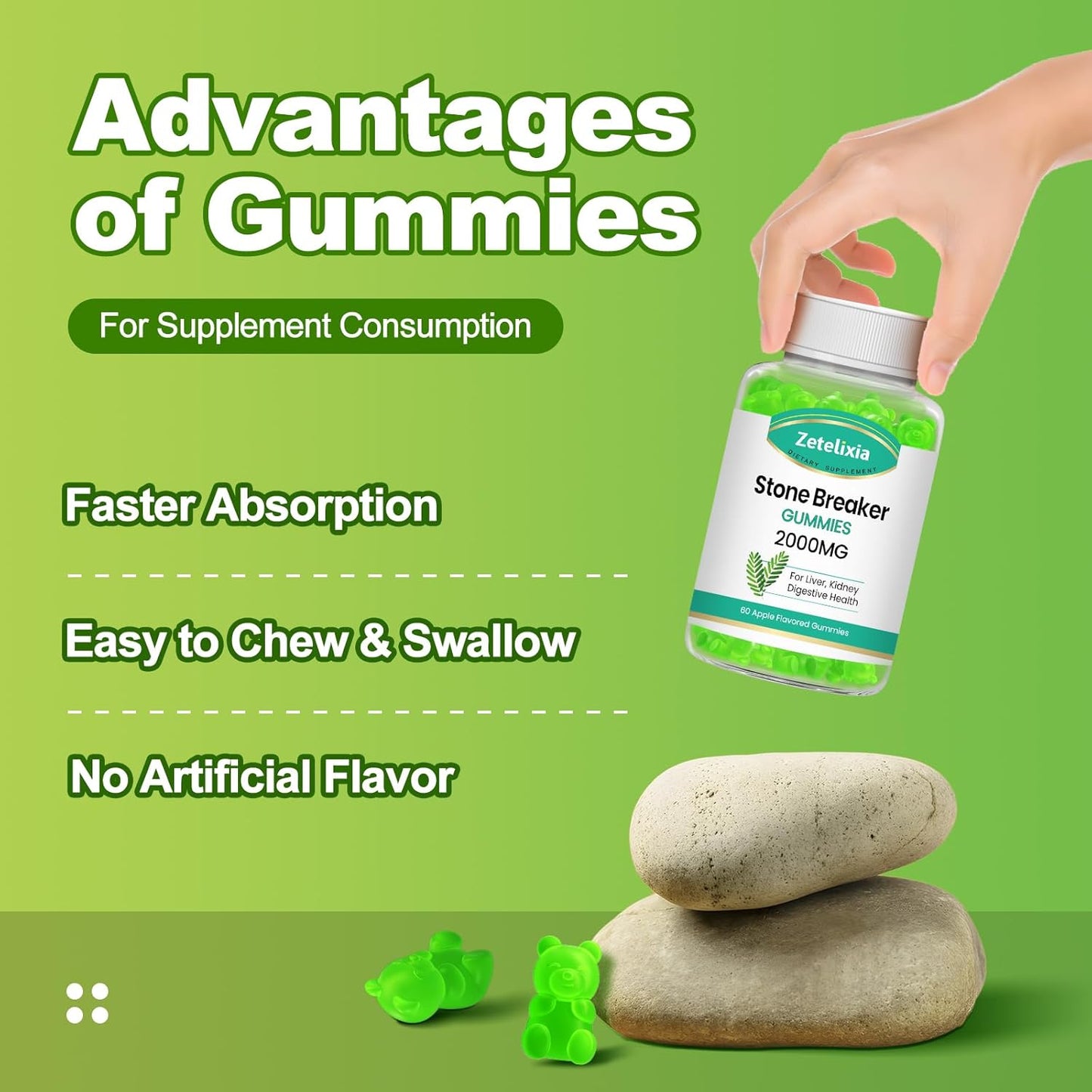 2000mg Zetelixia Chanca Piedra Stone Breaker Gummies - Herbal Supplement for Kidney Cleanse, Gallbladder Health - Dissolves Kidney Stones - Sugar Free, Vegan, Non-GMO - Apple Flavor, 60 Count