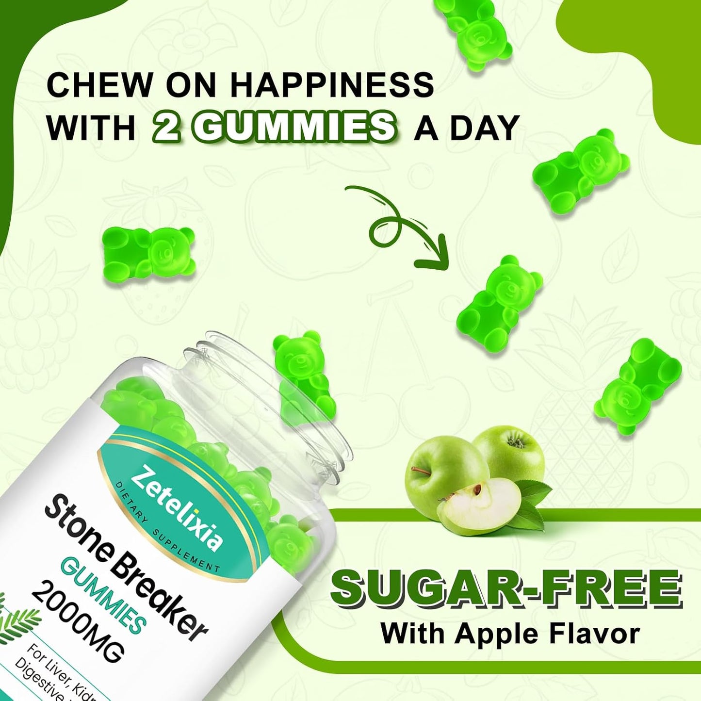 2000mg Zetelixia Chanca Piedra Stone Breaker Gummies - Herbal Supplement for Kidney Cleanse, Gallbladder Health - Dissolves Kidney Stones - Sugar Free, Vegan, Non-GMO - Apple Flavor, 60 Count