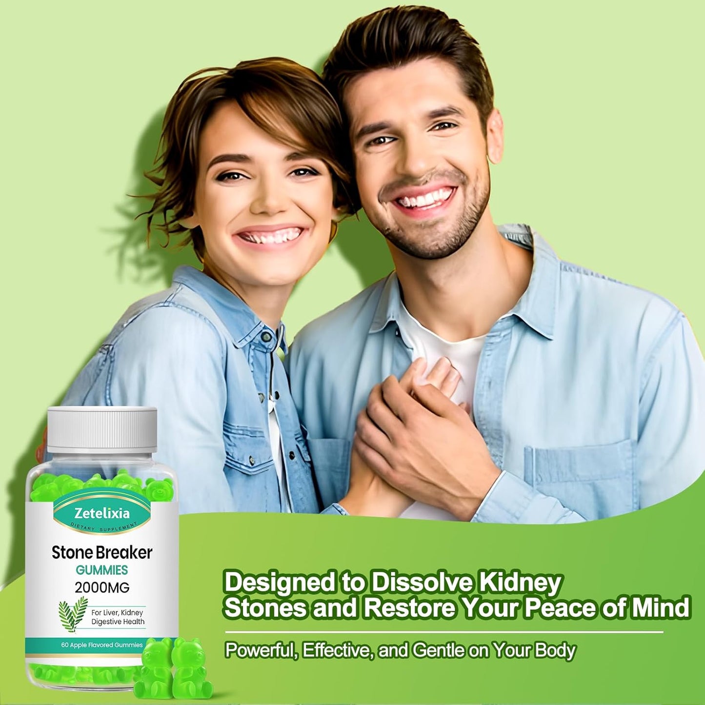 2000mg Zetelixia Chanca Piedra Stone Breaker Gummies - Herbal Supplement for Kidney Cleanse, Gallbladder Health - Dissolves Kidney Stones - Sugar Free, Vegan, Non-GMO - Apple Flavor, 60 Count