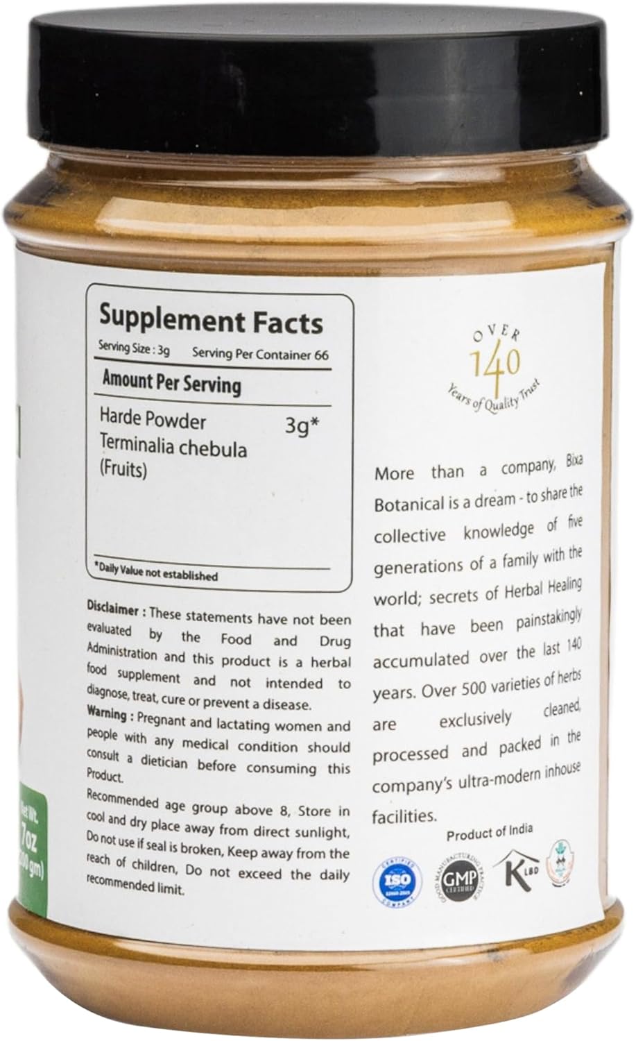 200g Bixa BOTANICAL Haritaki Powder | Terminalia Chebula Supplement | Natural Bowel Cleanse | Ayurvedic Herbal, Gluten-Free, Non-GMO, Vegan