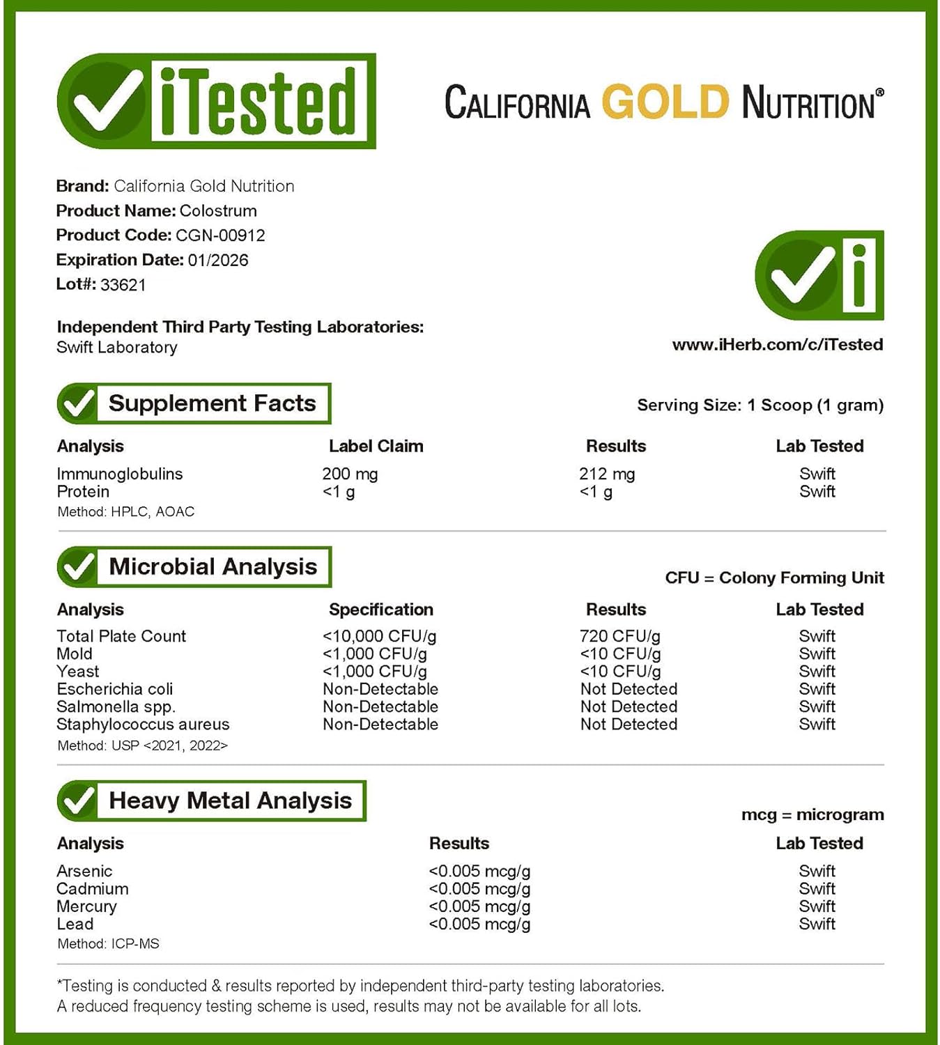 200g California Gold Nutrition Colostrum Powder - High Quality Supplement