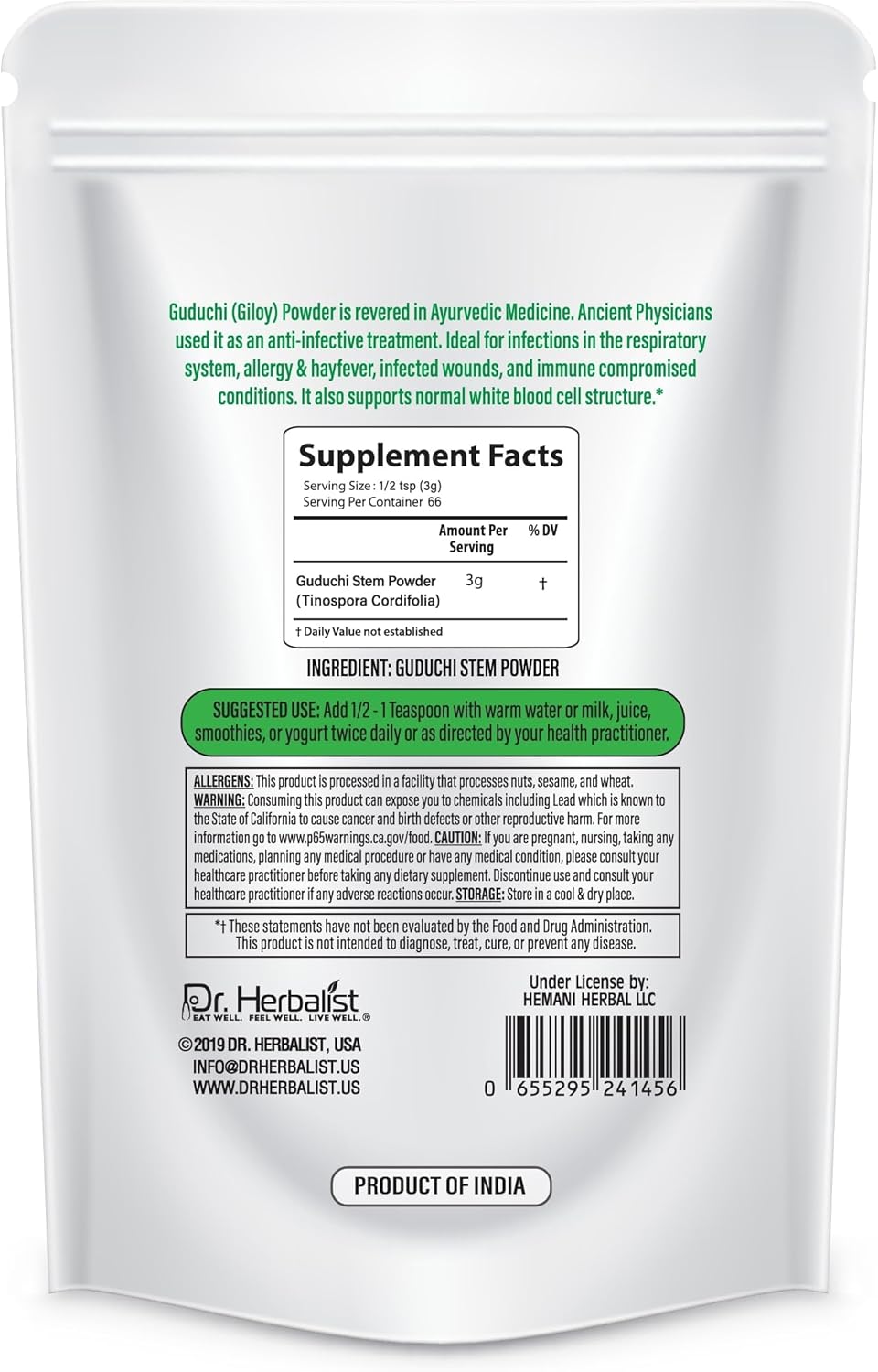200g Dr. HERBALIST Guduchi Stem Powder - Tinospora Cordifolia for Detox & Immune Support