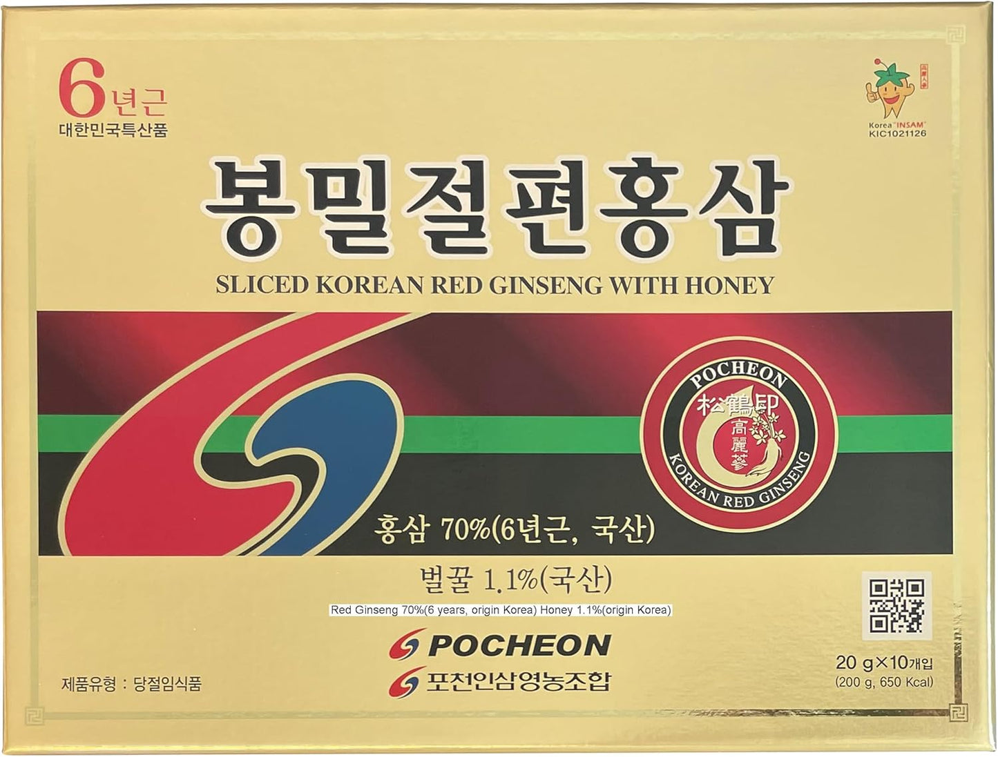 200g Pocheon Korean Red Ginseng Sliced Roots with Honey - 6 Years Grown, High Saponin, Immune Support