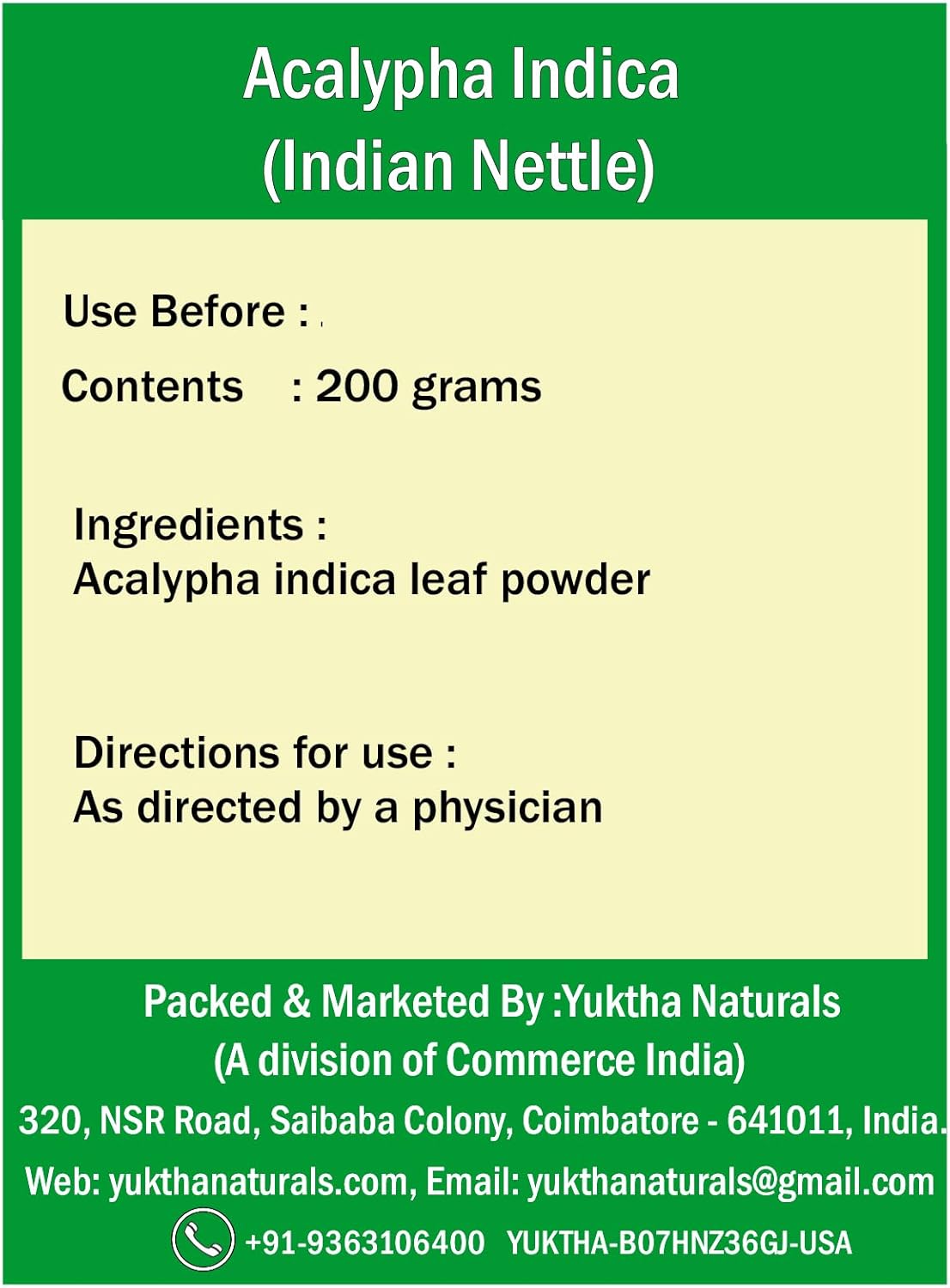200g Yuktha Naturals Harita Manjari Kuppaimeni/Acalypha Indica Powder - Indian Nettle Supplement
