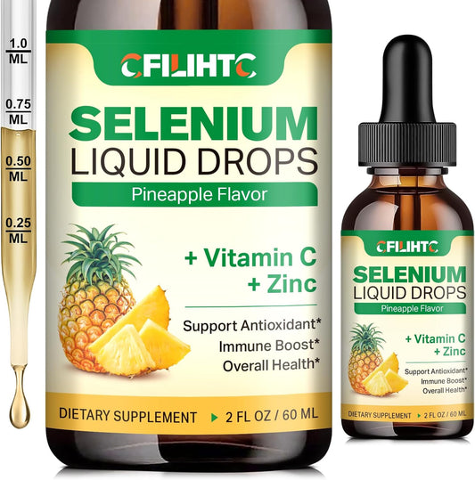 200mcg Liquid Selenium Drops with Vitamin C & Zinc for Immune Support & Heart Health - Pineapple Flavor, 2 Fl Oz