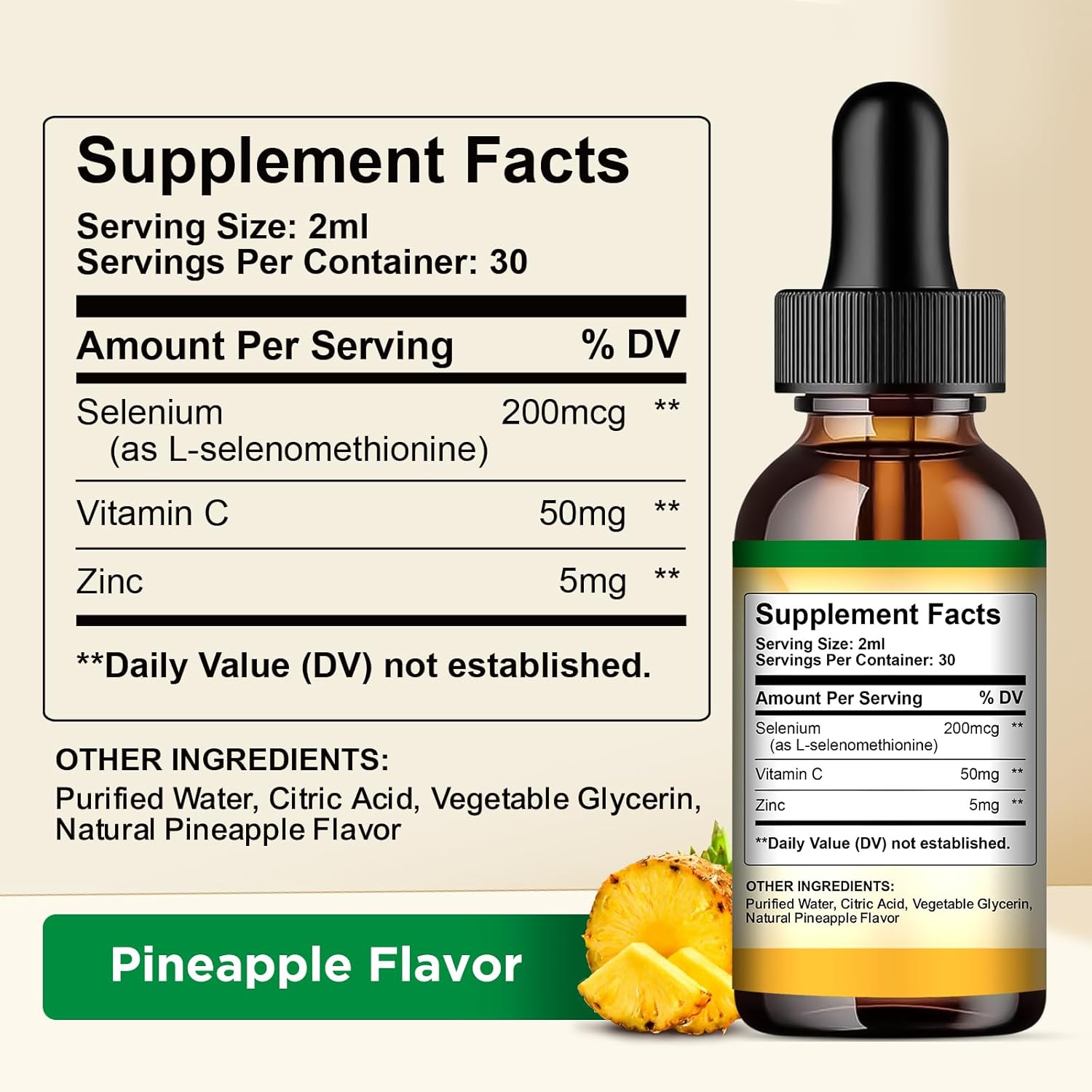 200mcg Liquid Selenium Drops with Vitamin C & Zinc for Immune Support & Heart Health - Pineapple Flavor, 2 Fl Oz