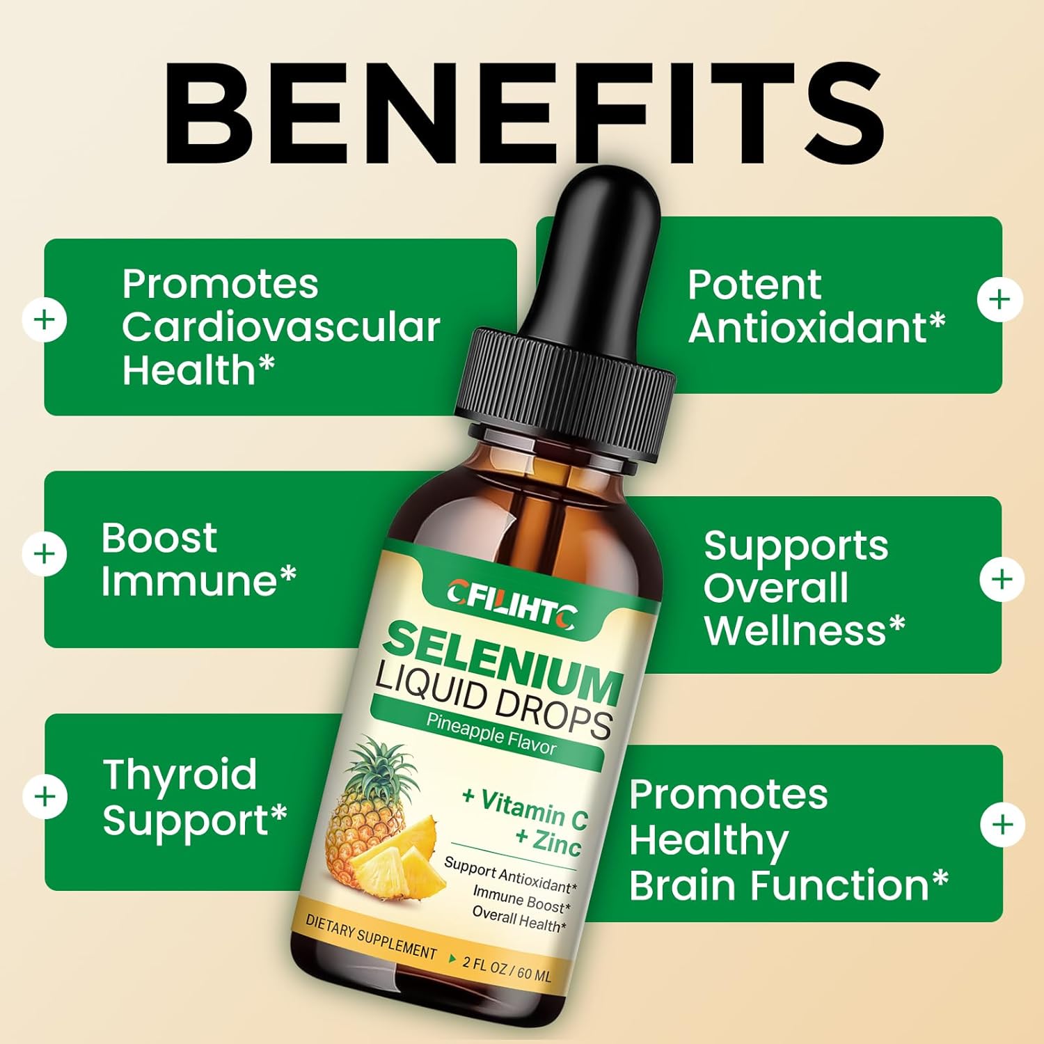 200mcg Liquid Selenium Drops with Vitamin C & Zinc for Immune Support & Heart Health - Pineapple Flavor, 2 Fl Oz