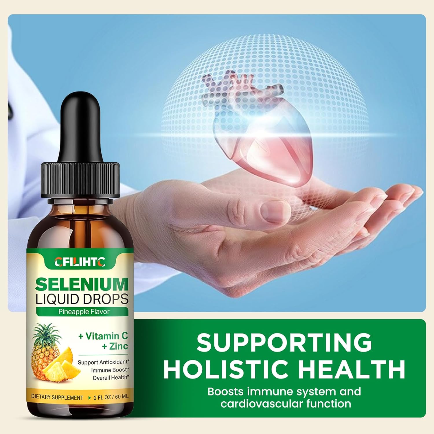 200mcg Liquid Selenium Drops with Vitamin C & Zinc for Immune Support & Heart Health - Pineapple Flavor, 2 Fl Oz