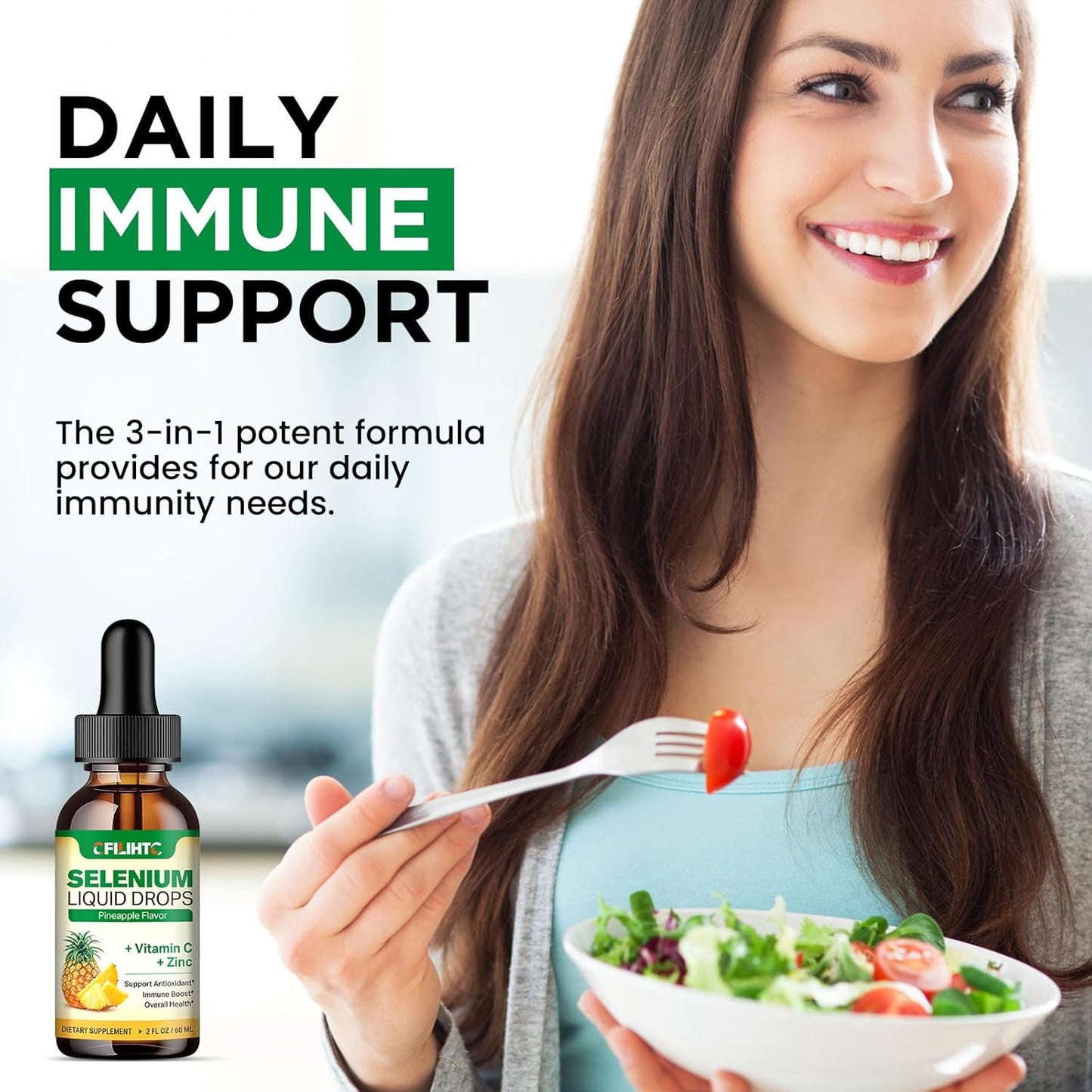 200mcg Liquid Selenium Drops with Vitamin C & Zinc for Immune Support & Heart Health - Pineapple Flavor, 2 Fl Oz