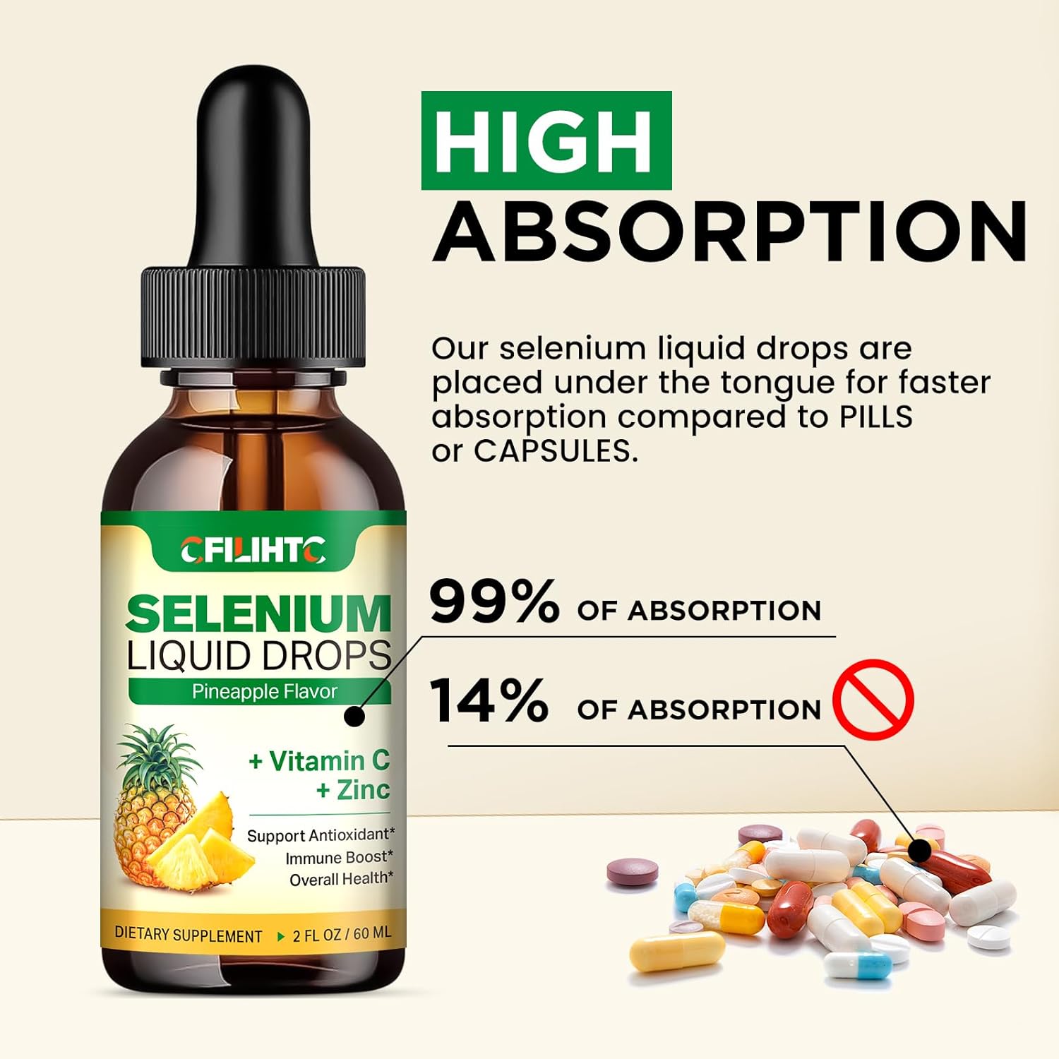 200mcg Liquid Selenium Drops with Vitamin C & Zinc for Immune Support & Heart Health - Pineapple Flavor, 2 Fl Oz