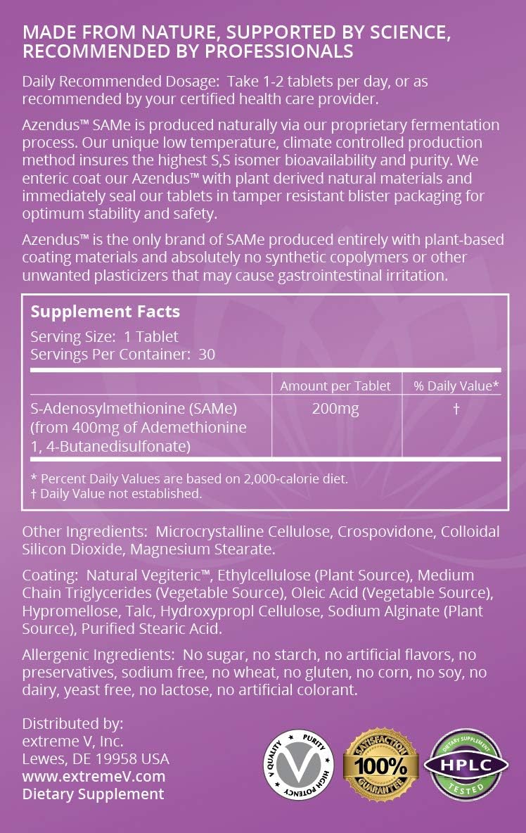 200mg Azendus SAM-e Mood Support Tablets - 30 Count, Enteric Coated for Enhanced Absorption