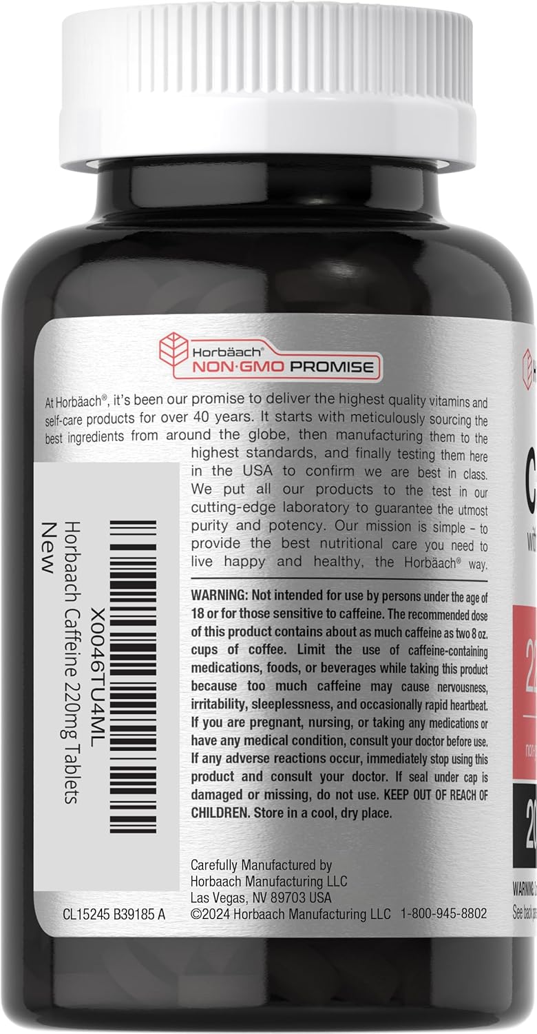 200mg Caffeine Pills with Green Tea Extract | 200 Tablets Vegetarian, Non-GMO & Gluten Free by Horbäach