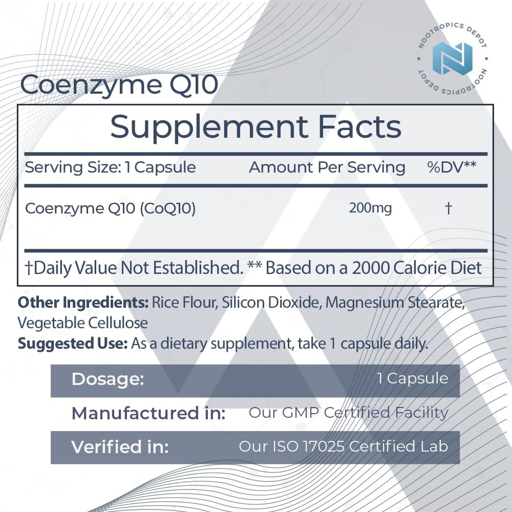 200mg CoEnzyme Q10 Capsules by Nootropics Depot - 60 Count - Boost Energy, Cognitive & Cellular Function - Ubiquinone Formula