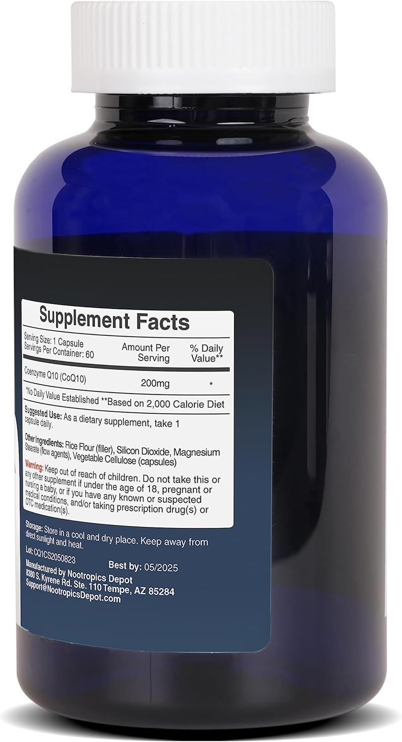 200mg CoEnzyme Q10 Capsules by Nootropics Depot - 60 Count - Boost Energy, Cognitive & Cellular Function - Ubiquinone Formula