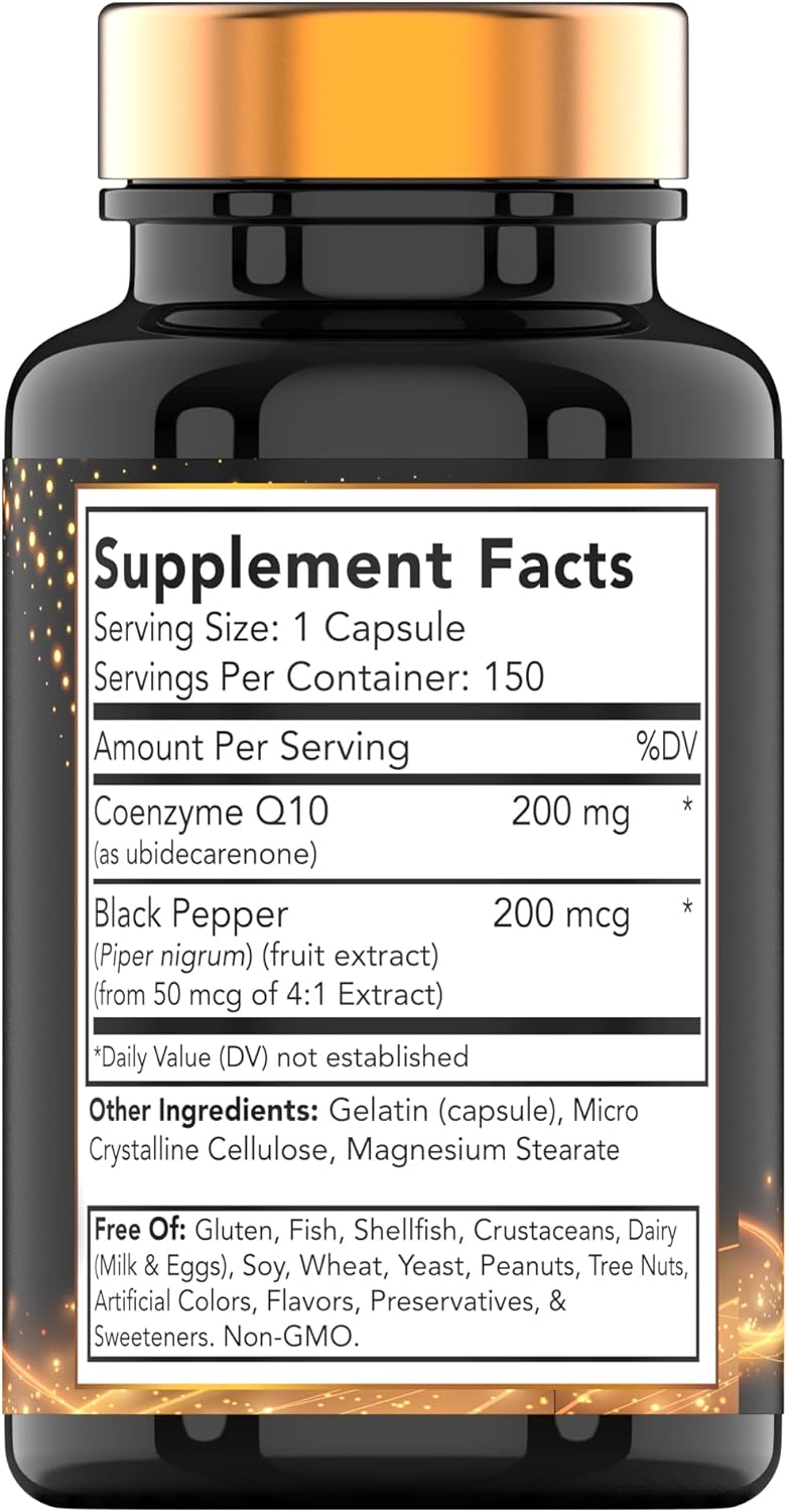 200mg CoQ-10 Capsules with Black Pepper Extract - 150 Count | 5 Month Supply | Antioxidant | Rapid Release Formula | Coenzyme Q-10 Supplement