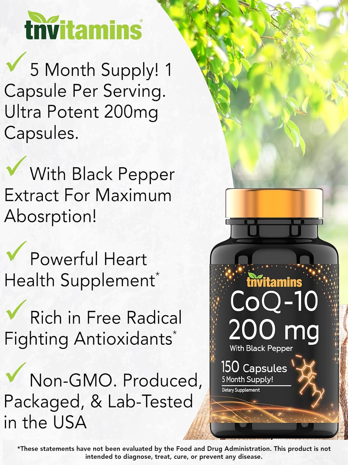 200mg CoQ-10 Capsules with Black Pepper Extract - 150 Count | 5 Month Supply | Antioxidant | Rapid Release Formula | Coenzyme Q-10 Supplement