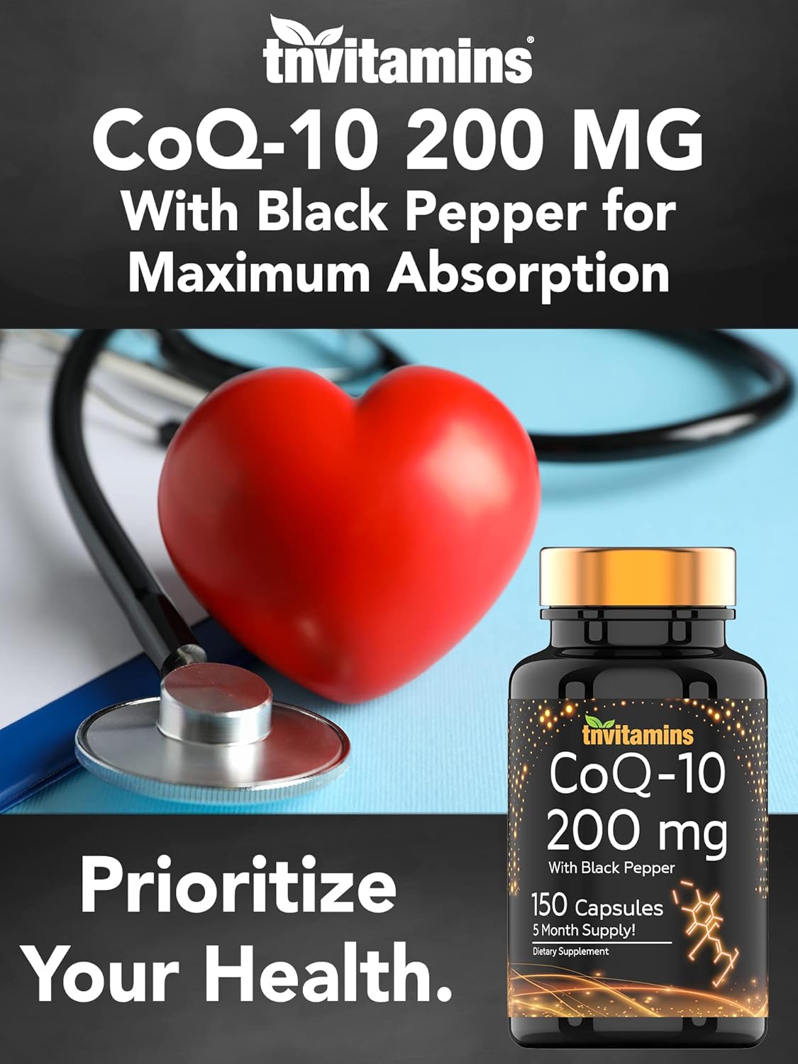 200mg CoQ-10 Capsules with Black Pepper Extract - 150 Count | 5 Month Supply | Antioxidant | Rapid Release Formula | Coenzyme Q-10 Supplement