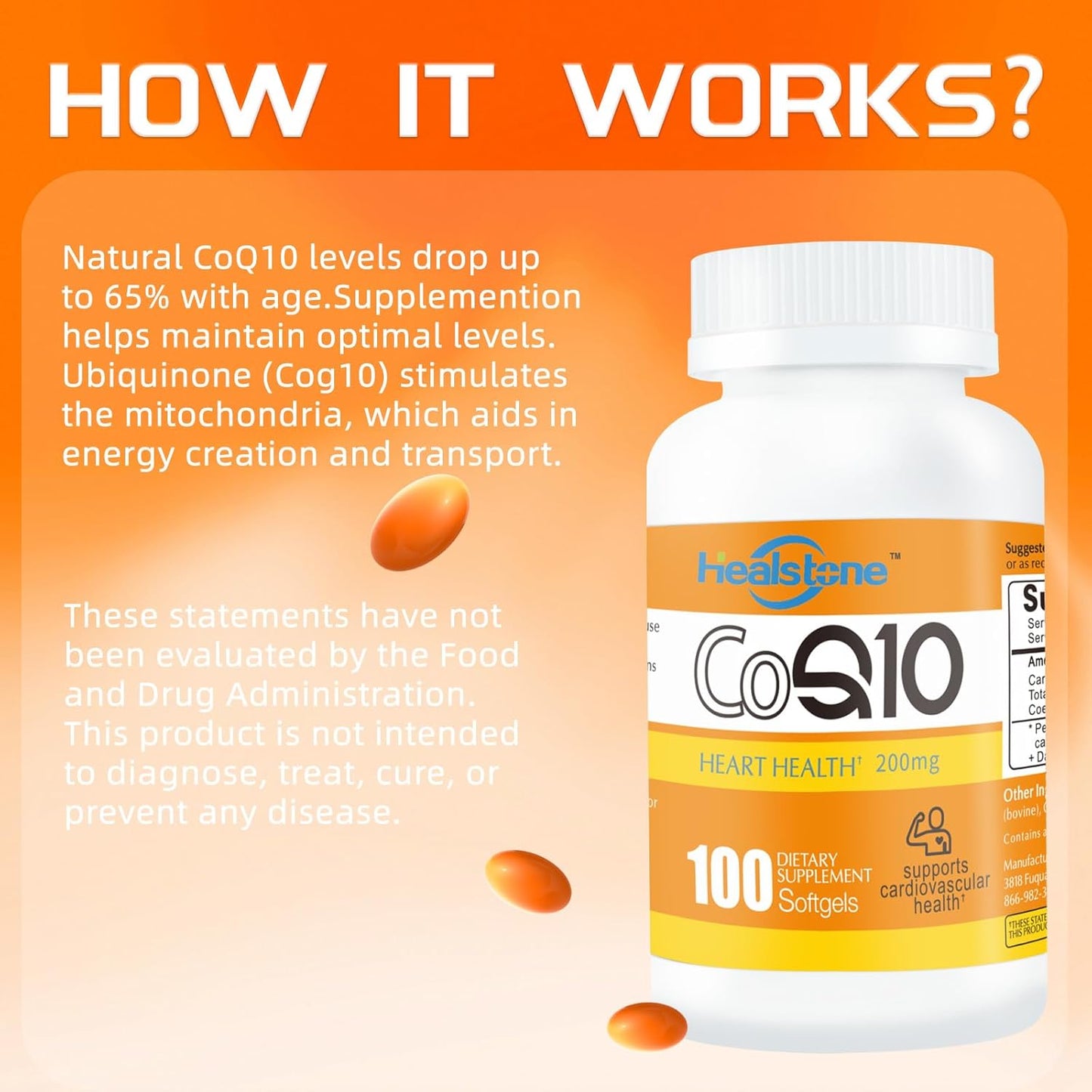 200mg CoQ10 Softgels for Energy & Antioxidant Support - 100 Count - 50 Days Supply for Women & Men by Healstone