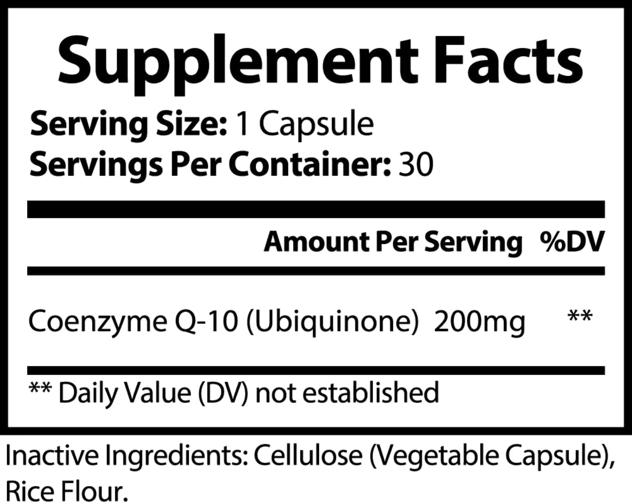 200mg CoQ10 Ubiquinone Capsules for Heart & Brain Health - Vegan & Gluten Free Formula, 30 Count