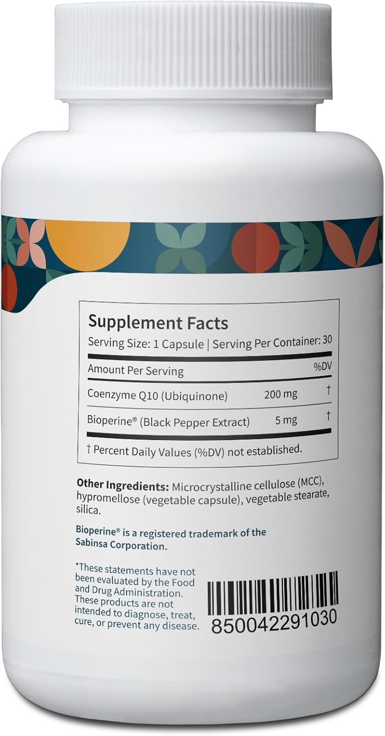 200mg CoQ10 Ubiquinone with Bioperine Black Pepper Extract - Cardiovascular & Energy Support - Non-GMO - 30 Vegan Capsules by Pattern Wellness