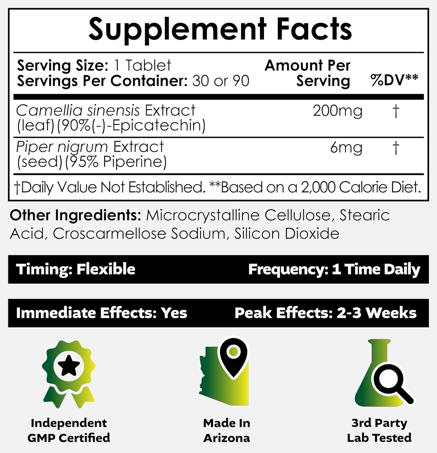 200mg Epicatechin Tablets with Piperine for Bioavailability | Green Tea Extract | Muscle Mass, Cardiovascular Health, Energy | 30 Count