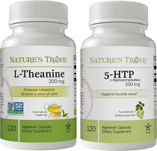 200mg L-Theanine & 100mg 5-HTP Capsules Combo for Calmness & Mood Support - 240 Vegetarian Capsules