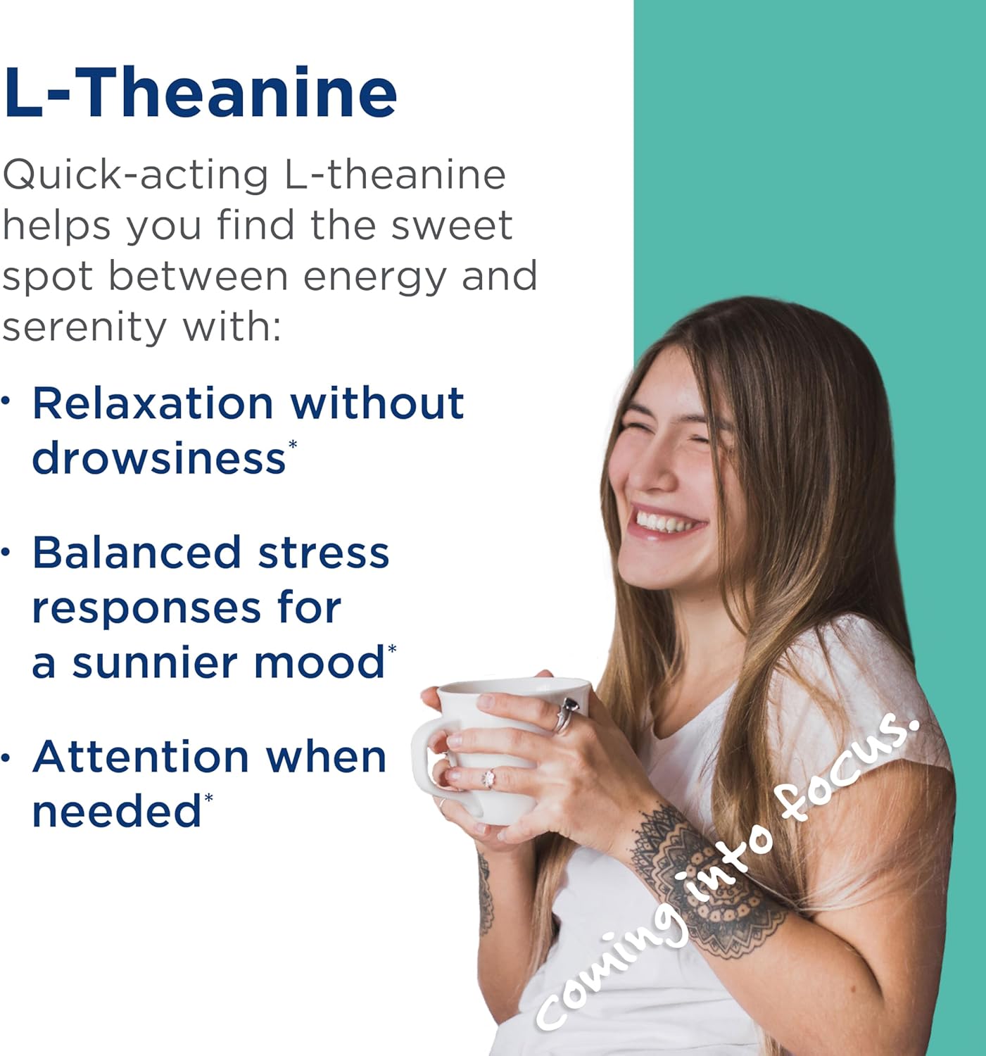 200mg L-Theanine Capsules for Daily Focus, Calm & Cognition - Supports with L-Methylfolate - 90 Capsules