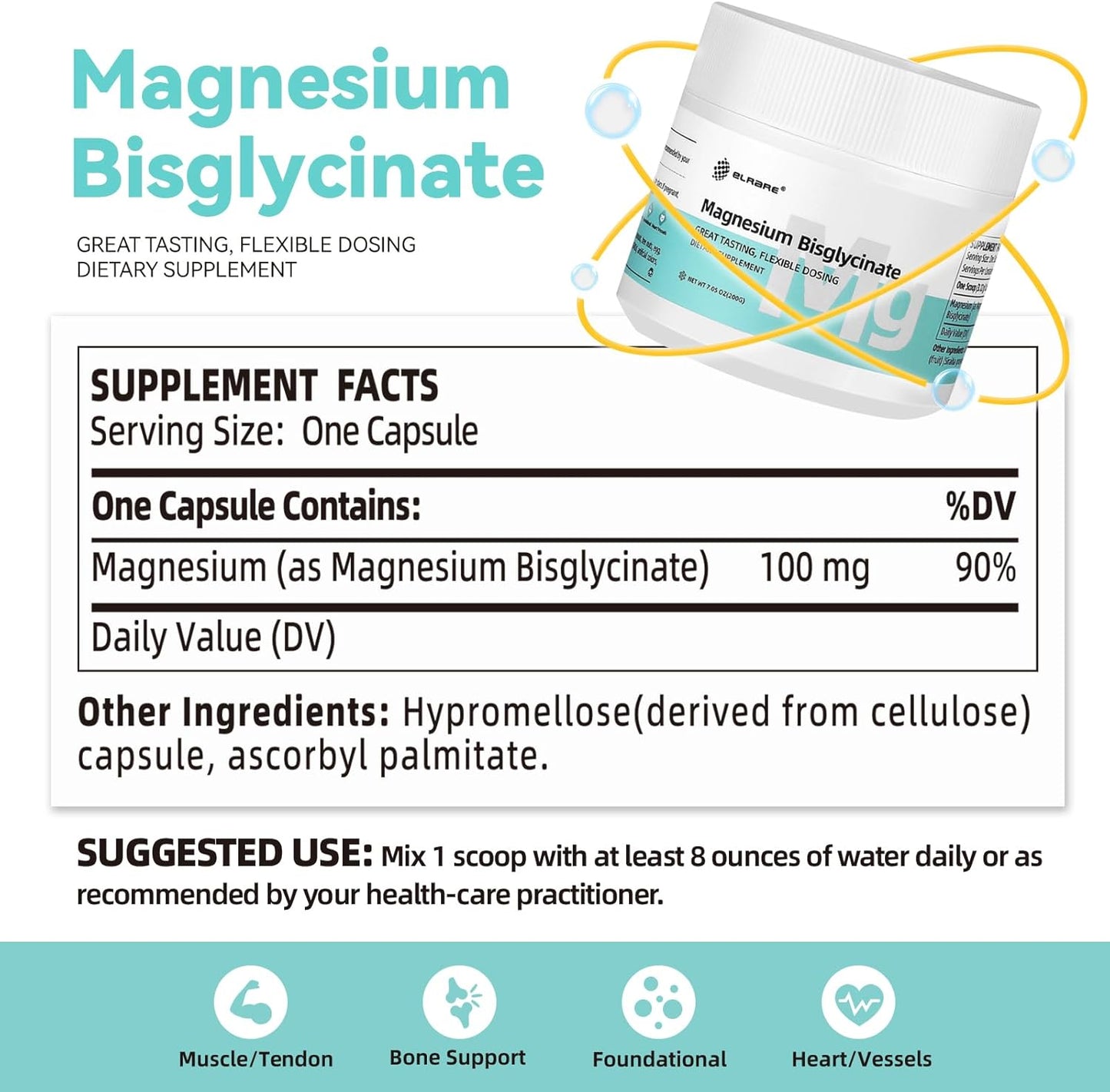 200mg Magnesium Bisglycinate Powder, 7.05 Oz - 64 Servings