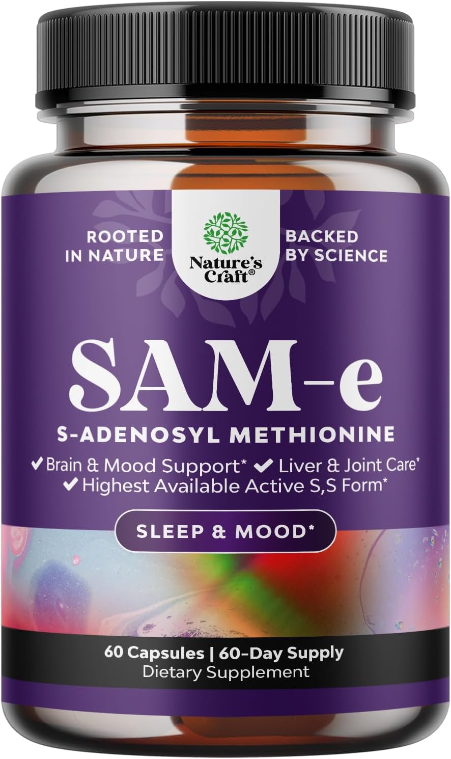 200mg Natures Craft Sam-E Mood Support Supplement - Relaxing Mood Boost, Brain Support, Liver Detox Cleanse - Vegan, Non-GMO, Gluten Free - 60 Servings