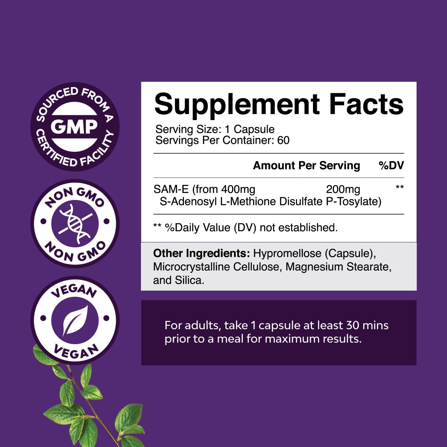 200mg Natures Craft Sam-E Mood Support Supplement - Relaxing Mood Boost, Brain Support, Liver Detox Cleanse - Vegan, Non-GMO, Gluten Free - 60 Servings