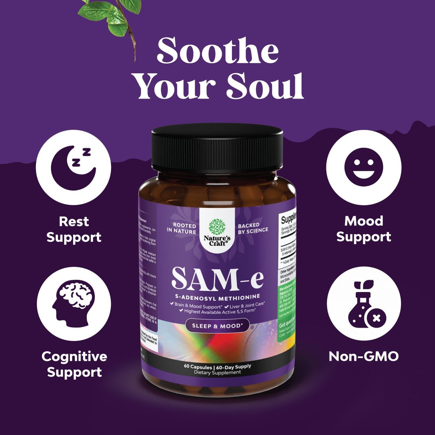 200mg Natures Craft Sam-E Mood Support Supplement - Relaxing Mood Boost, Brain Support, Liver Detox Cleanse - Vegan, Non-GMO, Gluten Free - 60 Servings