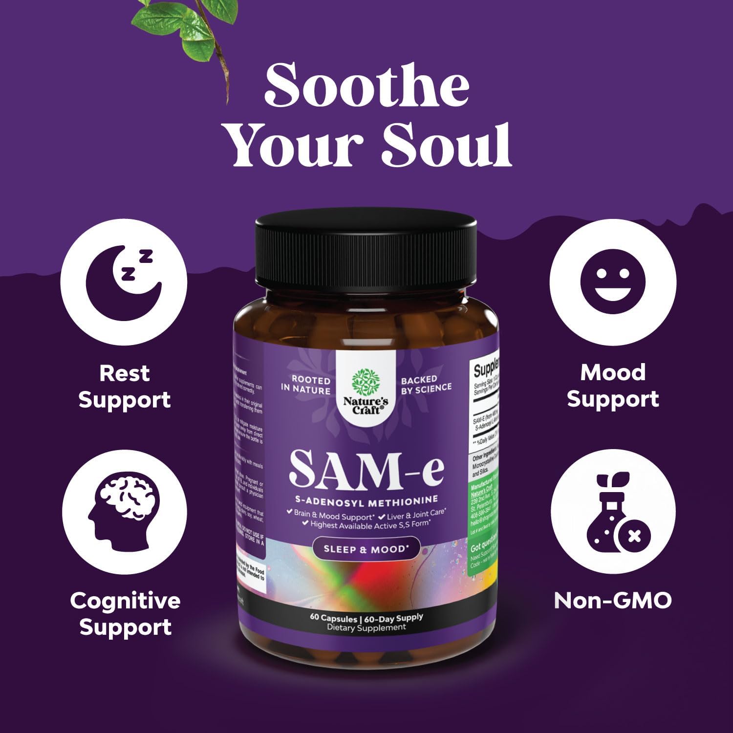 200mg Natures Craft Sam-E Mood Support Supplement - Relaxing Mood Boost, Brain Support, Liver Detox Cleanse - Vegan, Non-GMO, Gluten Free - 60 Servings