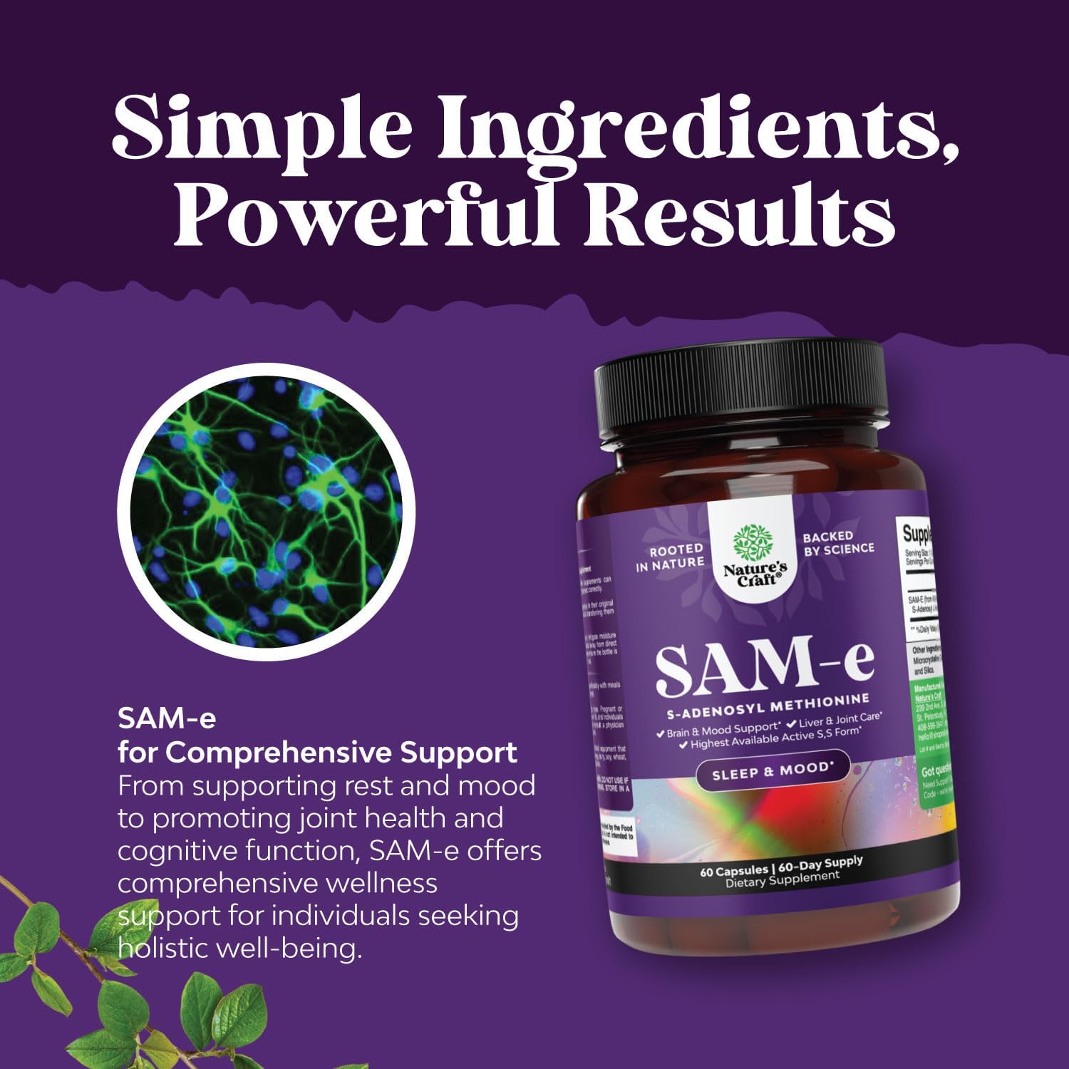 200mg Natures Craft Sam-E Mood Support Supplement - Relaxing Mood Boost, Brain Support, Liver Detox Cleanse - Vegan, Non-GMO, Gluten Free - 60 Servings