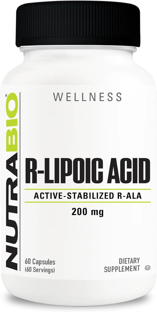200mg NutraBio R-Lipoic Acid Supplement - Stabilized R-ALA Formula for Better Absorption - Supports Health and Wellness - 60 Capsules