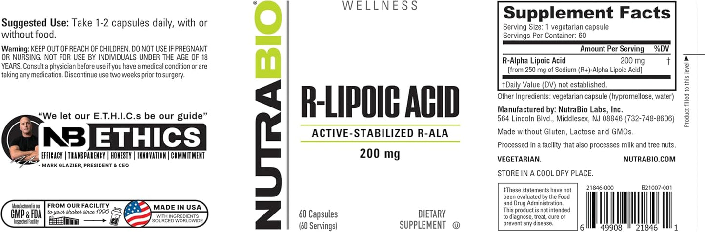 200mg NutraBio R-Lipoic Acid Supplement - Stabilized R-ALA Formula for Better Absorption - Supports Health and Wellness - 60 Capsules
