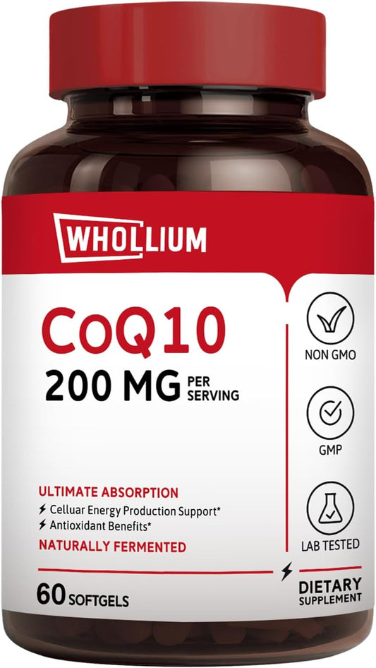 200mg Whollium CoQ10 Softgels with Extra Virgin Olive Oil for Energy & Heart Health
