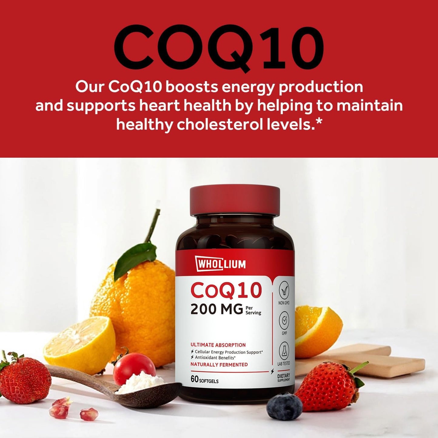 200mg Whollium CoQ10 Softgels with Extra Virgin Olive Oil for Energy & Heart Health