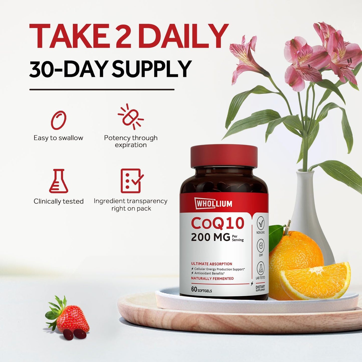 200mg Whollium CoQ10 Softgels with Extra Virgin Olive Oil for Energy & Heart Health