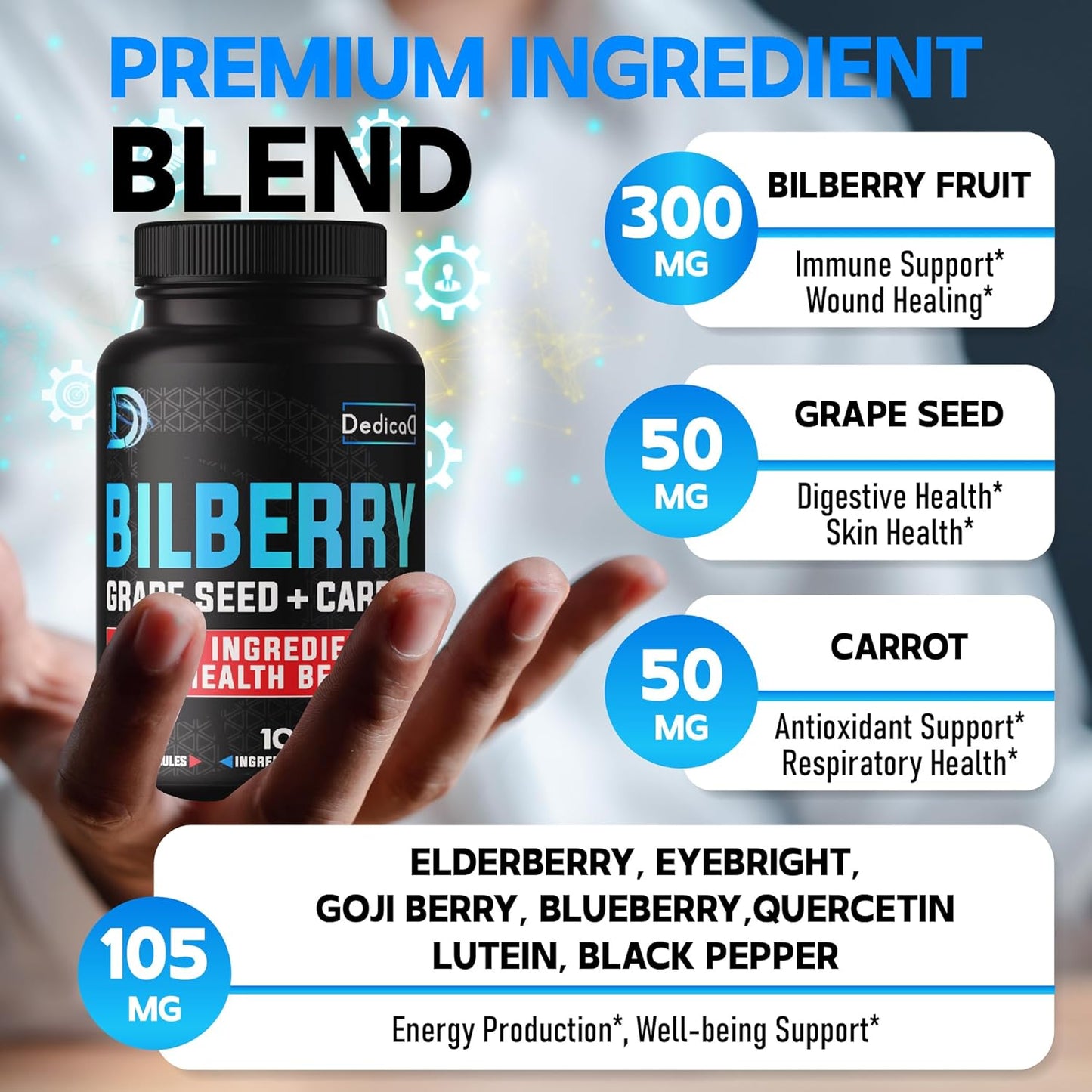 20:1 Bilberry Extract Capsules - 5 Month Supply for Eye, Vision & Heart Health - 10in1 Blend with Grape Seed, Carrot, Elderberry - 150 Count