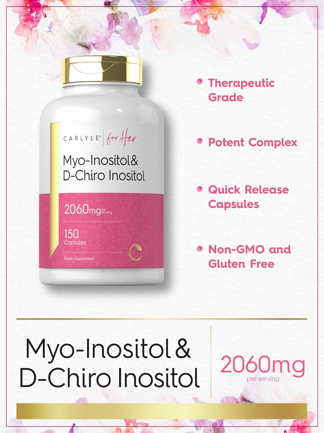 2060mg Myo-Inositol and D-Chiro Inositol Capsules - 150 Count | Non-GMO, Gluten Free Supplement