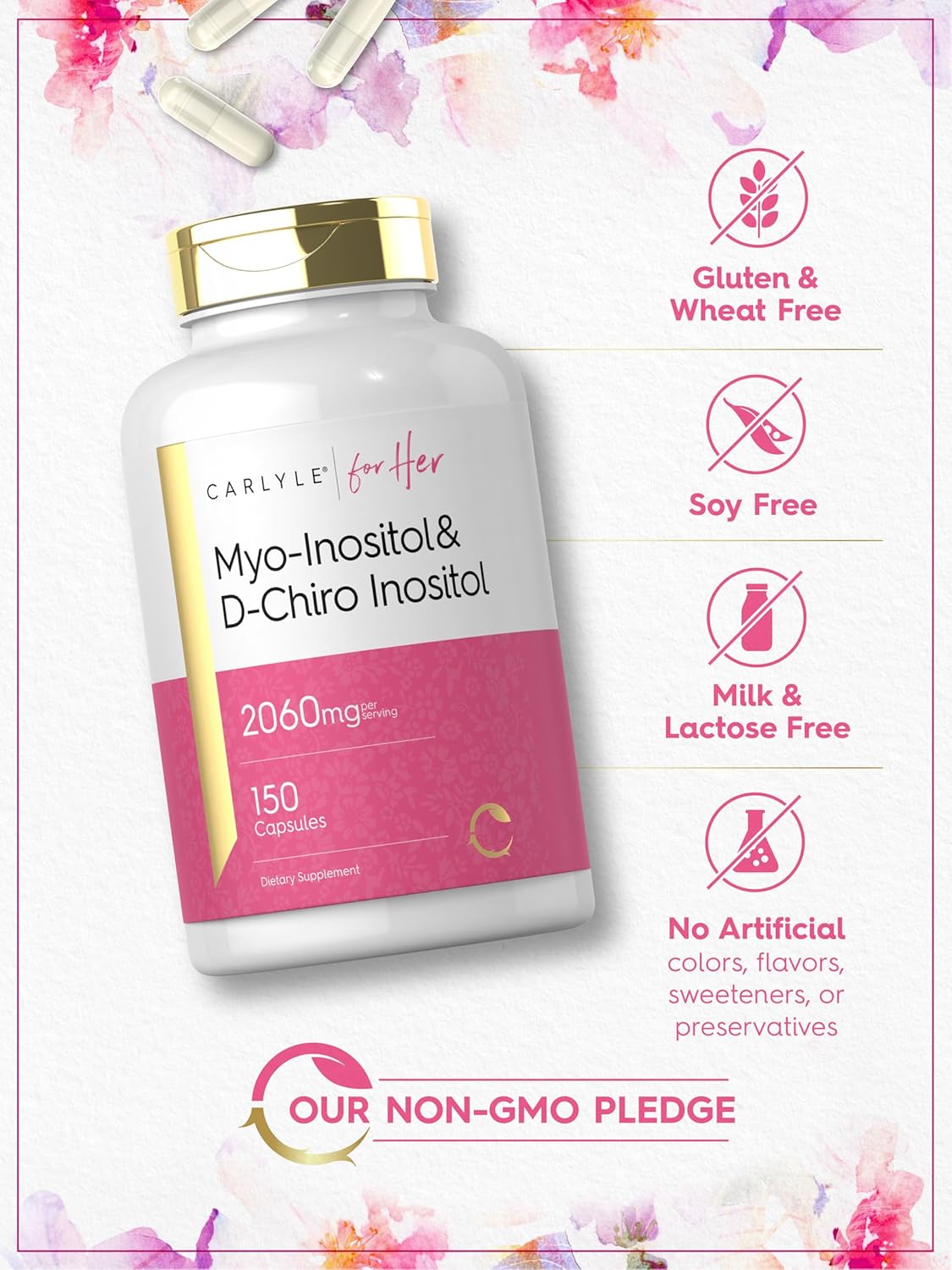 2060mg Myo-Inositol and D-Chiro Inositol Capsules - 150 Count | Non-GMO, Gluten Free Supplement